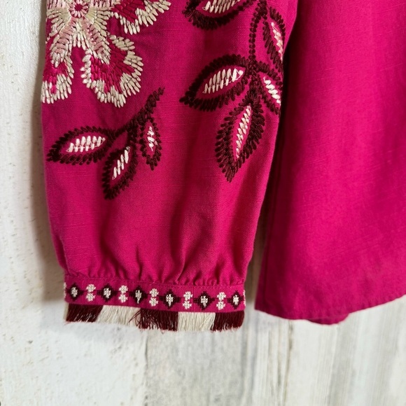 Tory Burch Theresa Hibiscus Embroidered Cotton Tunic Blouse Bright Pink Size 6 - Picture 7 of 13